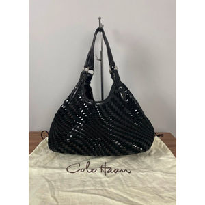 Cole Haan Genevieve Patent & Suede Weave Triangle Tote Black Hobo Shoulder Bag